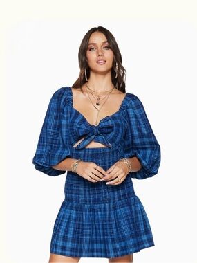 Ramy Brook Blue Plaid Smocked Mini Dress Balloon Sleeve  Cotton Sz S Retail $425